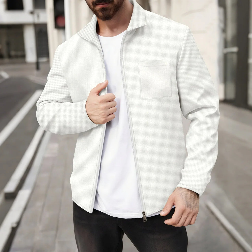2026 Spring Autumn Men's Waffle Knitted Pocket Lapel Slim Fit Cardigan Jacket Youth Casual Streetwear Lightweight Outerwear