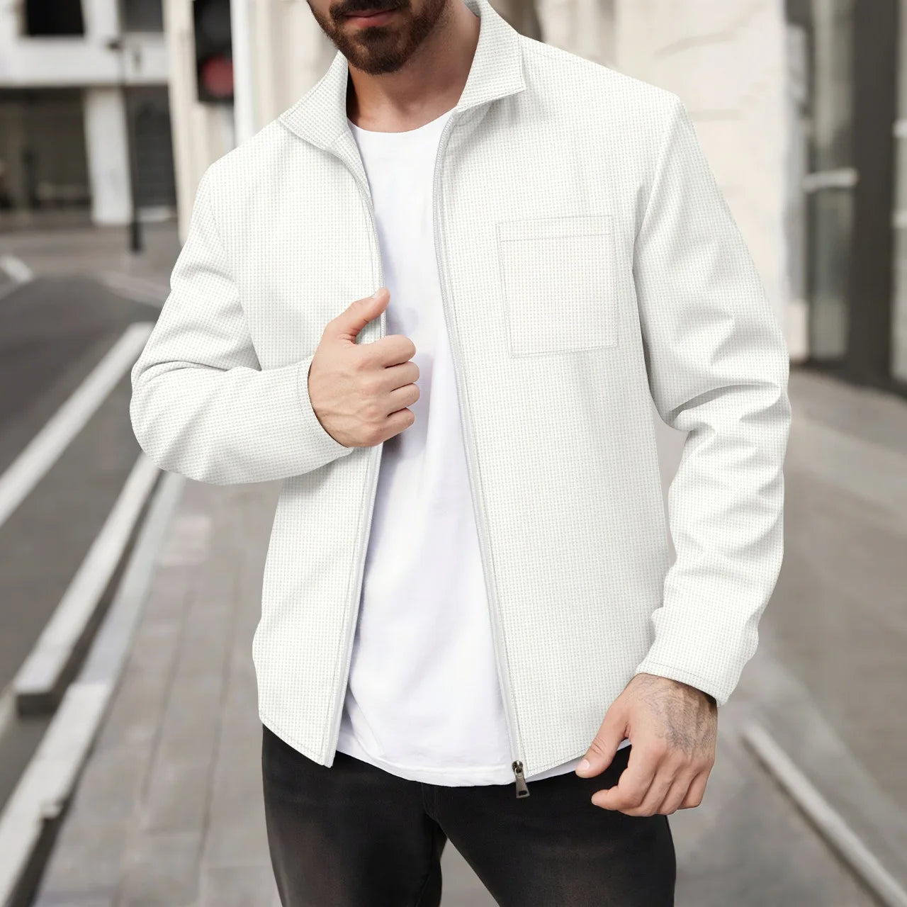 2026 Spring Autumn Men's Waffle Knitted Pocket Lapel Slim Fit Cardigan Jacket Youth Casual Streetwear Lightweight Outerwear
