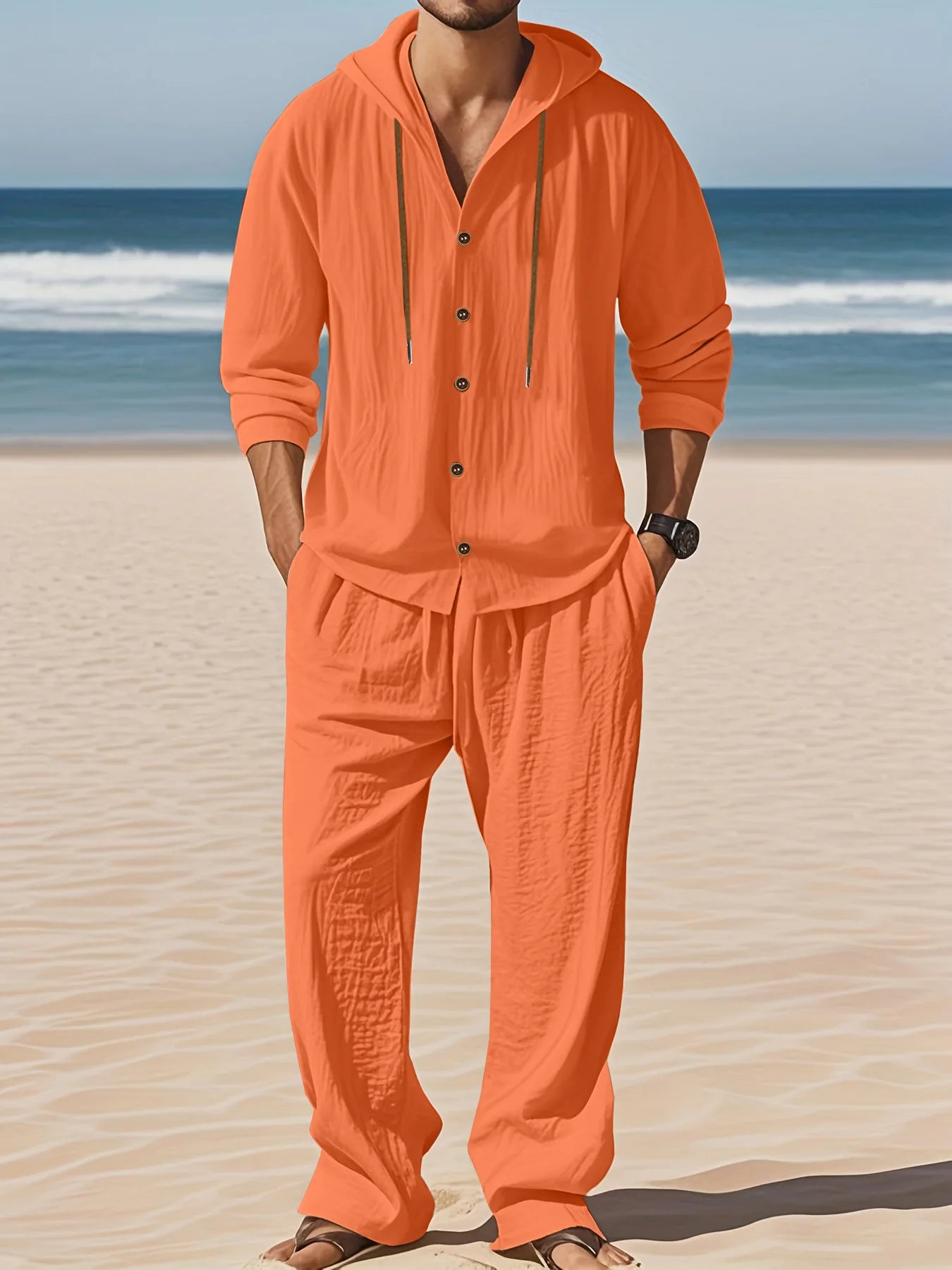 Men's Linen Long-Sleeved Shirt And Pants Set Breathable Outdoor Leisure Hiking Beach Sports Clothing for Spring Summer Autumn