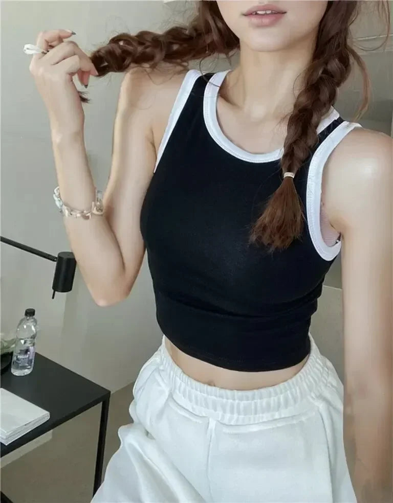 Spring Summer Color Block Sleeveless Vest Outerwear Pure Color Strap Innerwear Sports Top Base Shirt Beautiful Wrap Chest Women