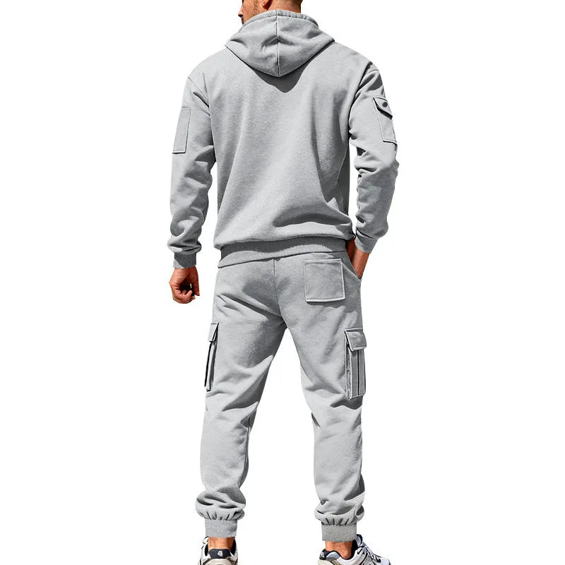 Men's Full Zip Hooded Tracksuit 2 Piece Set Casual Cargo Pocket Jogger Suit Outdoor Sports Hoodie And Pants Set