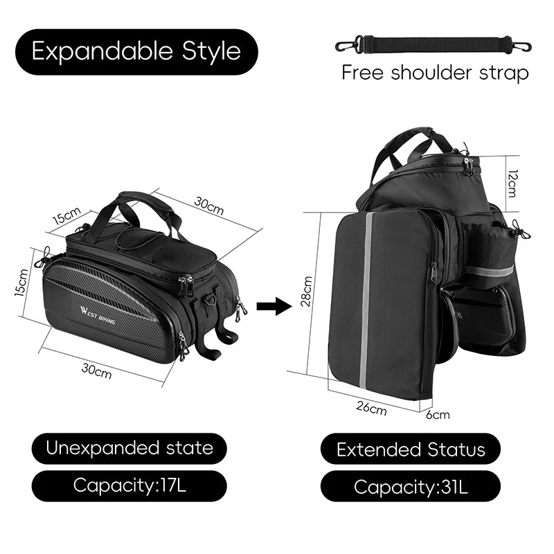 WEST BIKING Bicycle Bag EVA Polyester 17-31L Waterproof Bike Bag Large Capacity Travel Mountain Gravel Bike Bag Bike Accessories