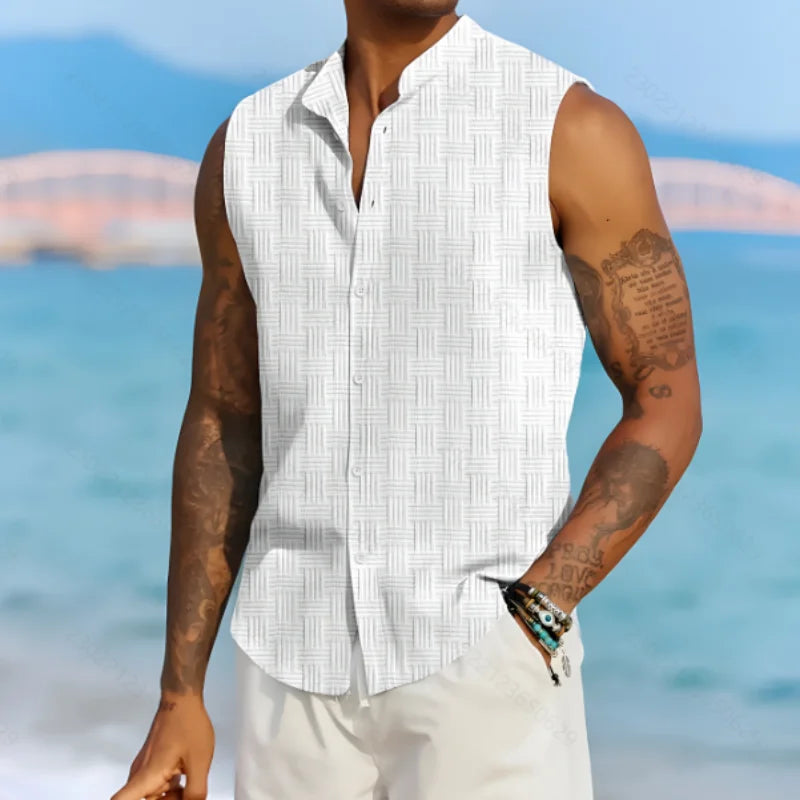 Summer New Men's Chinese style solid color casual jacquard cardigan comfortable breathable stand-up collar sleeveless shirt