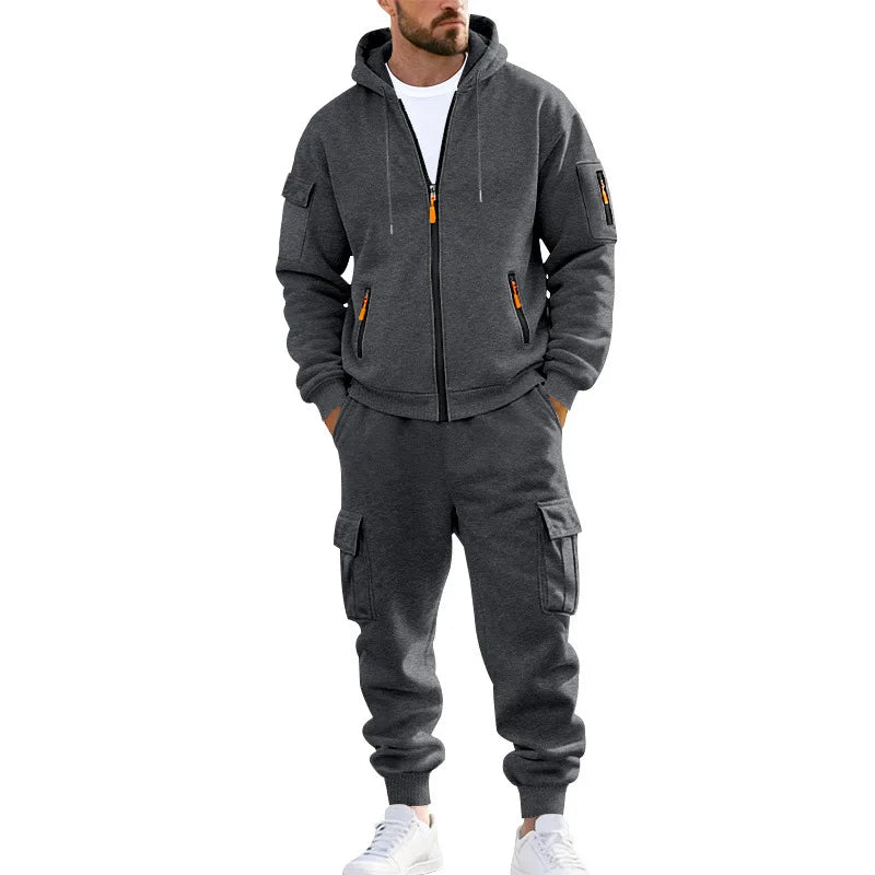 Men's Full Zip Hooded Tracksuit 2 Piece Set Casual Cargo Pocket Jogger Suit Outdoor Sports Hoodie And Pants Set