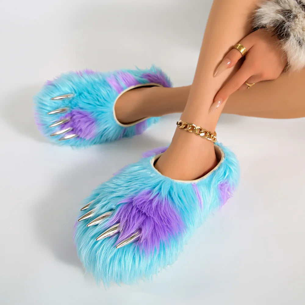 Ins Claw Slippers Adults Winter Flip Flops Warm Fur Slides Fluffy Fuzzy House Shoes Unisex Animal Claw Slippers