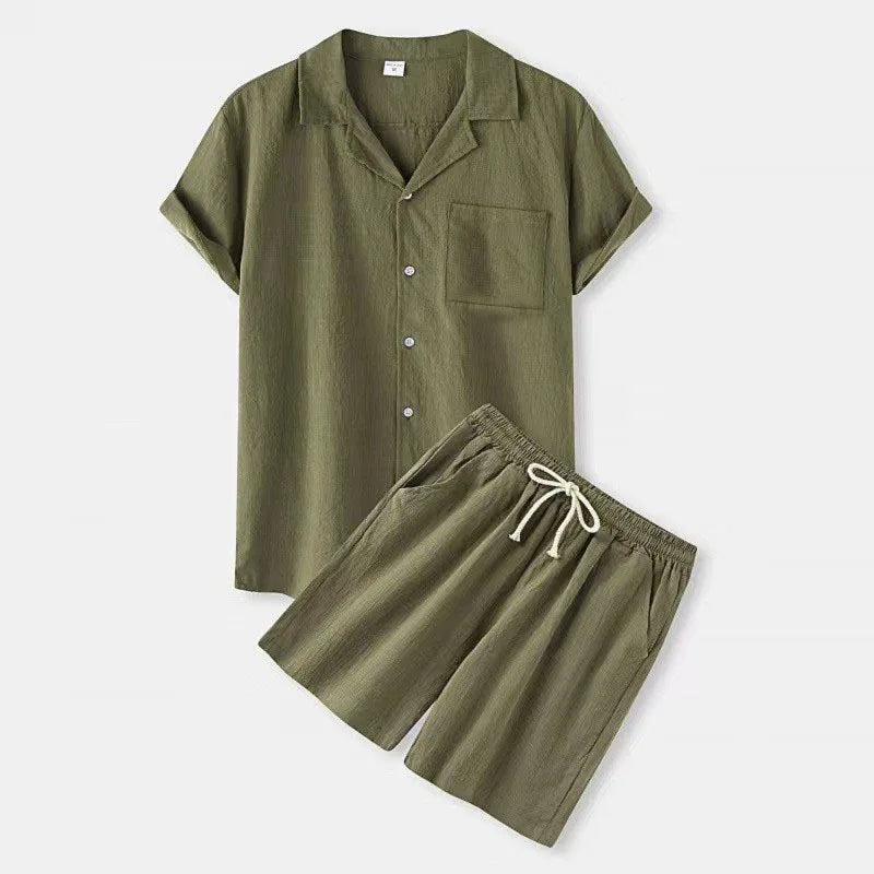 2025 New Summer Cotton Shorts Sets Men Lapel Short Sleeve Shirts Shorts 2-piece Set Men's Casual Sportswear Suit Solid Loose