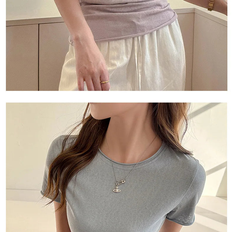 Solid Color Slim Fit Short Sleeve T Shirt for Women Summer New Cotton Blended Basic Tees Woman Thin Breathable Crew Neck T-shirt