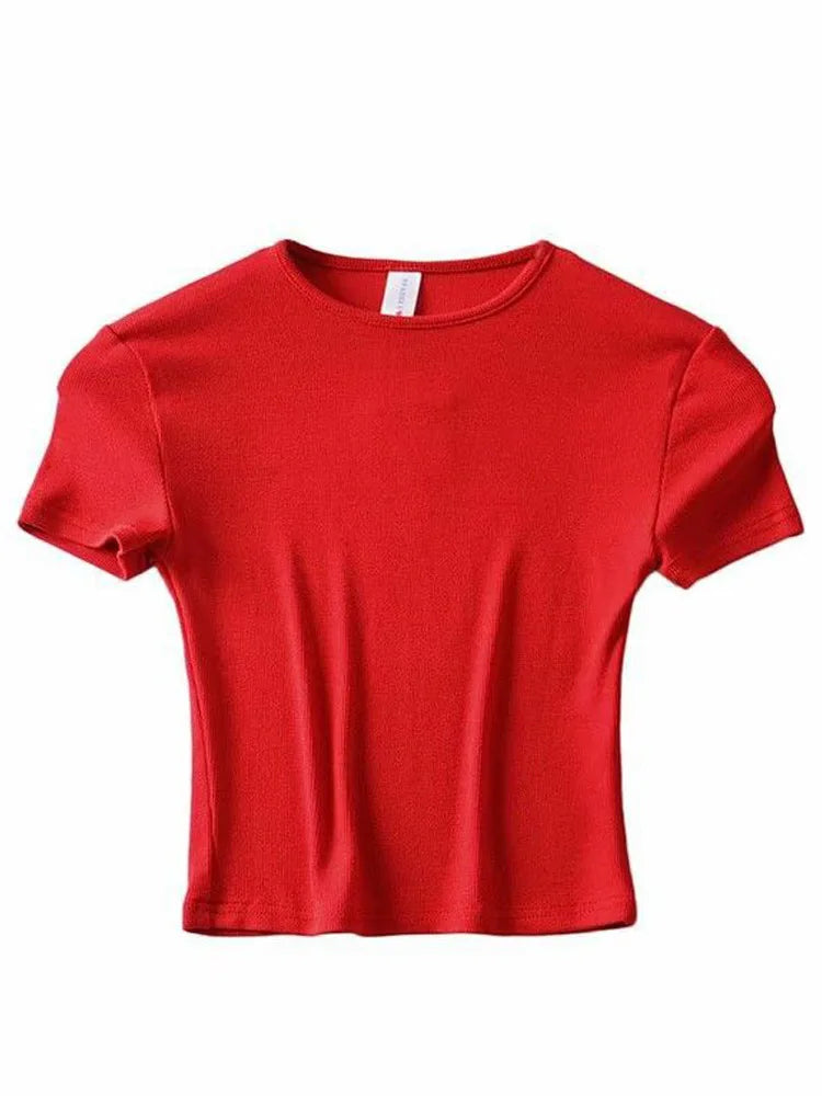Summer Woman Slim Fit t-shirt tight Cotton Short-Sleeve O-neck tee Crop Tops