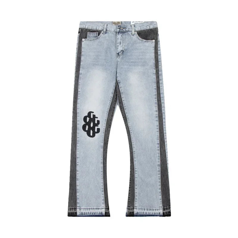 American retro washed letter spliced denim trousers high street trendy brand couple loose straight micro-flared long trousers