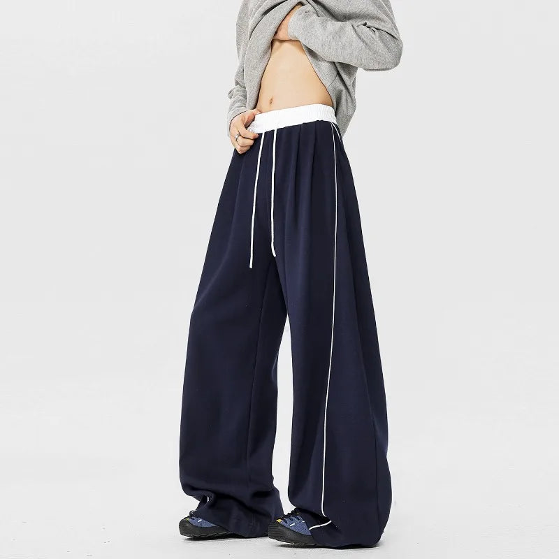 Men's Minimalist Oversized Wide Leg Sweatpants Contrast Stripe Drawstring Waist Streetwear Pants