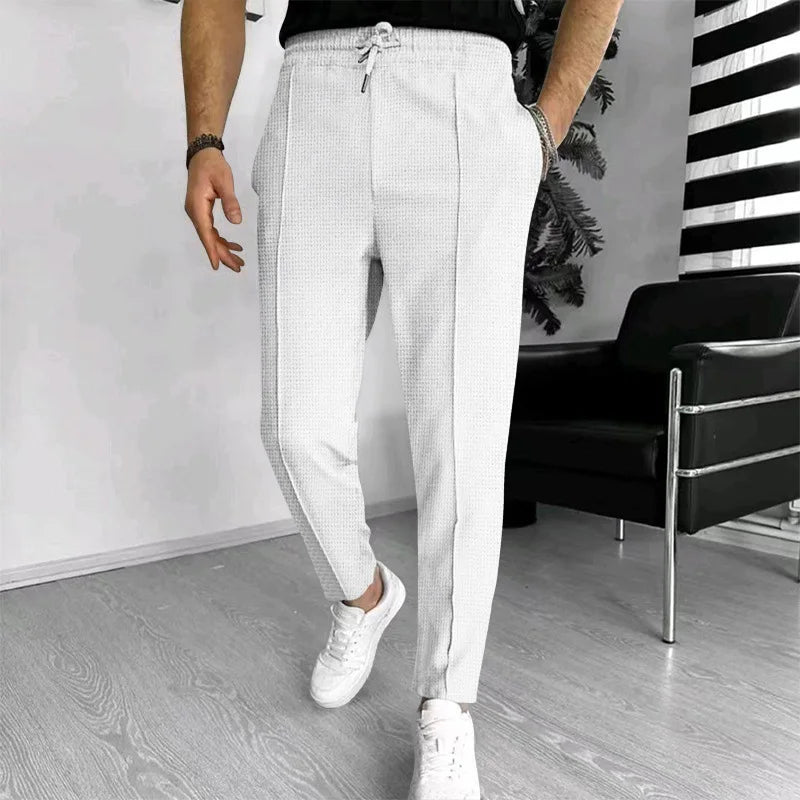 Men Waffle Knit Slim Fit Pants Drawstring Trousers With Pockets Stylish Design Spring Autumn Outdoor Travel Daily Street Wear