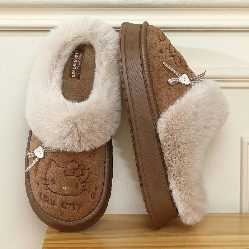 Cartoon Sanrio Hello Kitty Thick Sole Plush Cotton Slippers Anime Women's Winter Warm New Anti-Slip Wear-Resistant Home Shoes