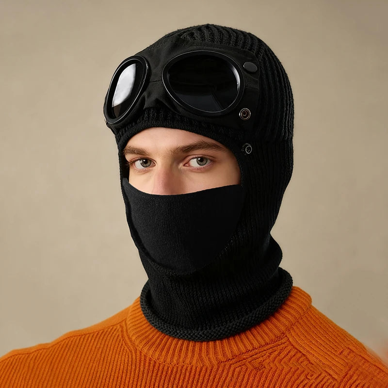 New Trendy Autumn Winter Warm Caps New Aviator Glasses Men Women Ear Protection Plus Cycling Full Face Cover Warm Knitted Hats