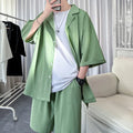 Korean Style Men's Set Shirt+Shorts Solid Short Sleeve Top Matching Bottoms Summer Fashion Oversized Clothing Men