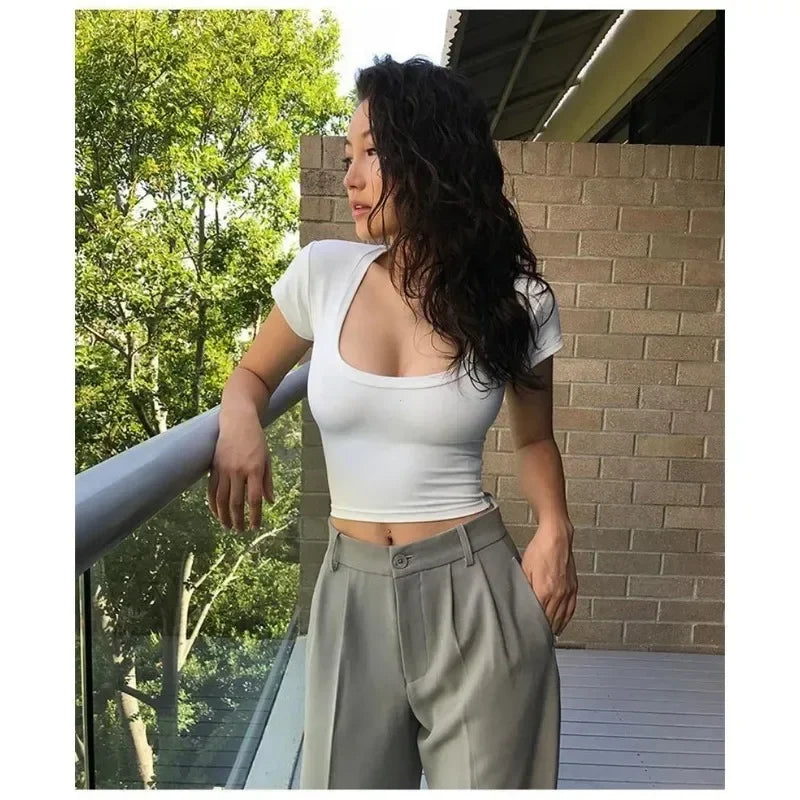 Harajuku Crop Tops Summer Slim Sports Vest Sexy Women Short Sleeve U-Neck Tee Tank Tops Female Solid Black/White Y2k Clothes