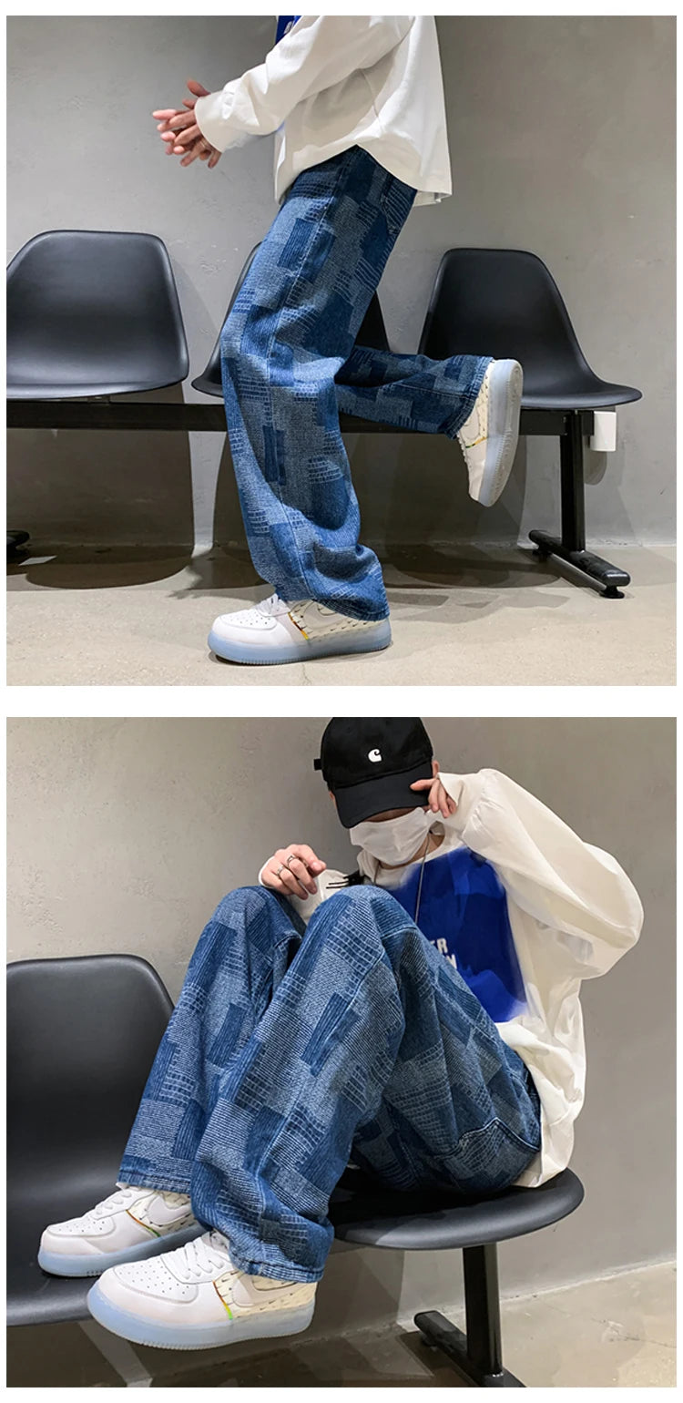 Blue Black Plaid Jeans Men Retro Casual Wide-leg Jeans Mens Streetwear Loose Hip-hop Straight Denim Trousers Men Vintage Jeans