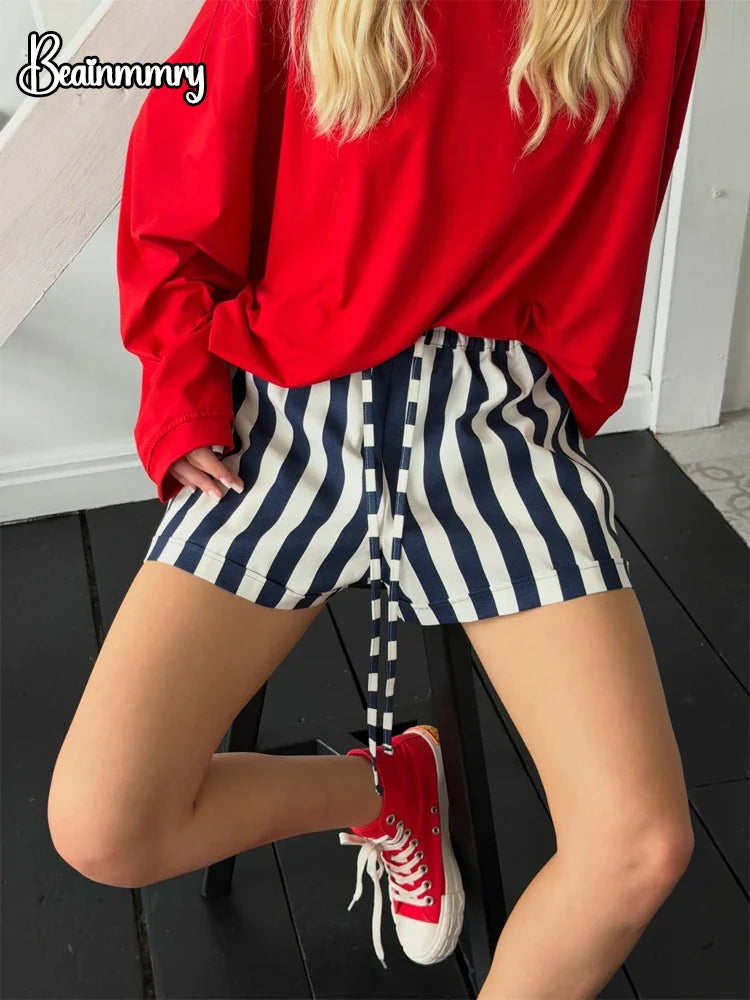 Red White Striped Balloon Pants Women's Elastic Waist Wide Leg Baggy Casual Trouser 2026 Summer New Streetwear Loose Fit Pants