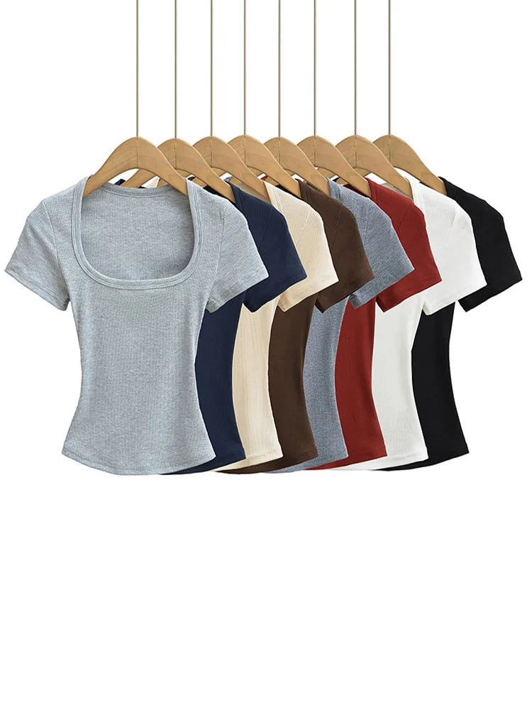 Square Collar High Stretch Summer Crop Tops Women Short Sleeve Tops Sexy Pullover Bottoming Blouses Slim T-shirt