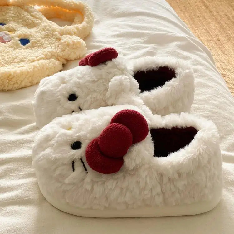 New Cartoon Hello Kitty Plush Slippers Sanrio Cute Female Anime Autumn Winter Home Plus Velvet Warm Thick Sole Baotou Slippers