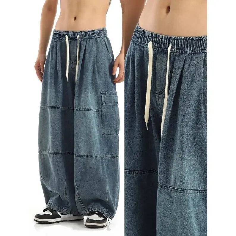 Y2k Black Baggy Cargo Jeans Trousers Men Streetwear Casual Hippie Jogging Wide Leg Oversize Long Male Denim Pants