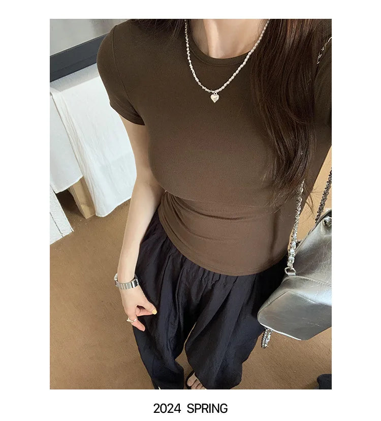 American style spicy girl shoulder T-shirt for women in summer 2025, tight fitting and slimming short top, basic elastic short s