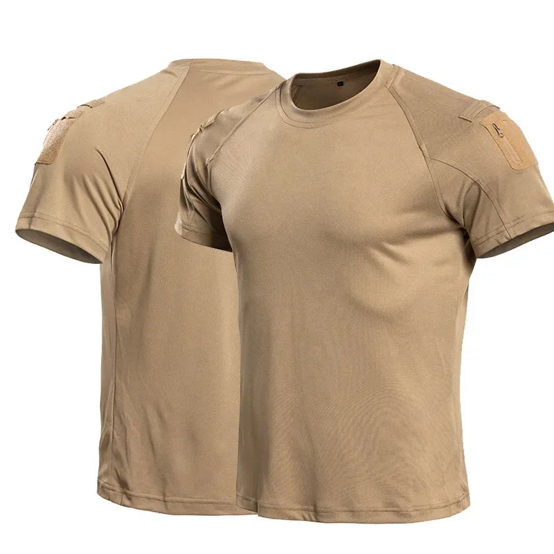 Men's Tactical T-Shirt Short Sleeve Quick Dry Breathable Lightweight Combat Tee with Shoulder Zip Pocket for Hiking Camping Tops