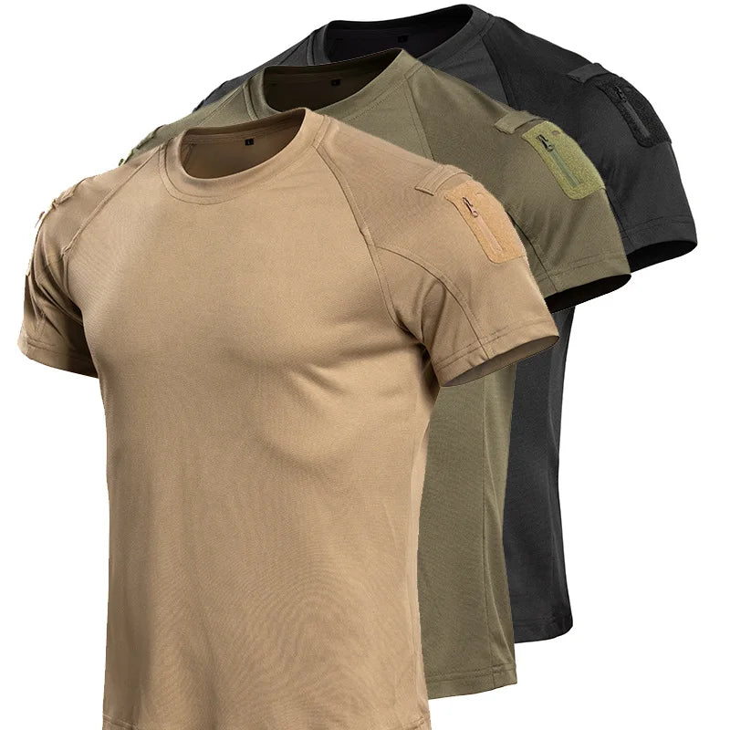 Men's Tactical T-Shirt Short Sleeve Quick Dry Breathable Lightweight Combat Tee with Shoulder Zip Pocket for Hiking Camping Tops