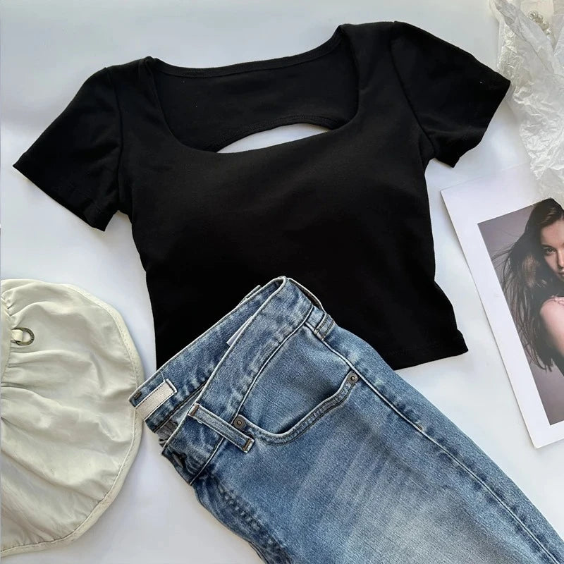 T-shirt Woman Clothing Square Neckline Tops Short Sleeve Crop Top with Bras for Women Girls Sexy Street Wear Backless Top Tees