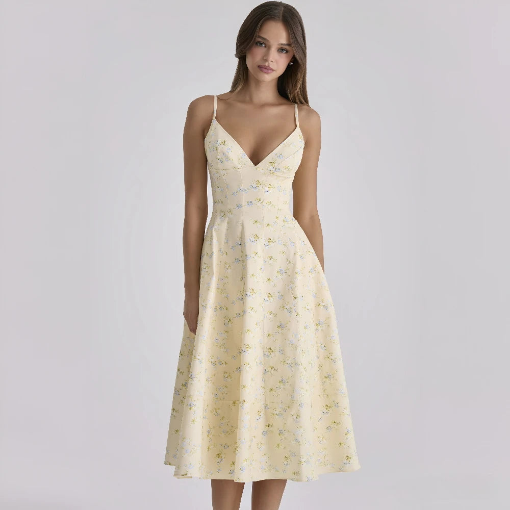 Suninheart Summer Floral Print A-line Midi Dress Elegant Lace-up Dress Sexy V Neck Party SunDress for Women