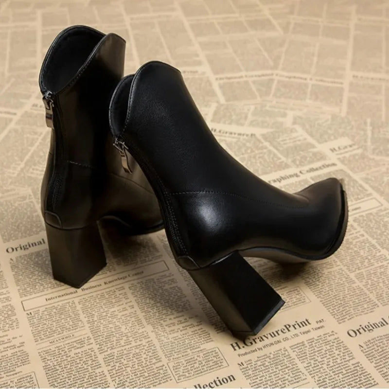 Pointed Toe Women's Ankle Boots Fashion Back Zippers Short Botas Ladies Elegant Square High Heel Winter Women's Footwear