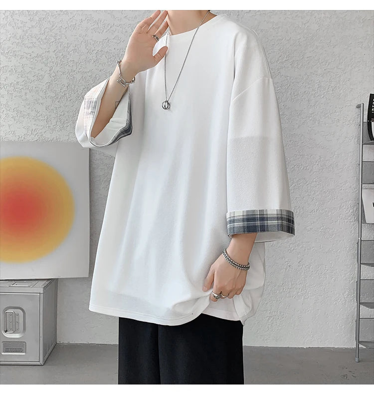 men t shirts Summer Men's T-shirts Women Oversized 2XL Korean Style Loose Plaid T-shirt Casual Seven sleeves T-Shirt Male White