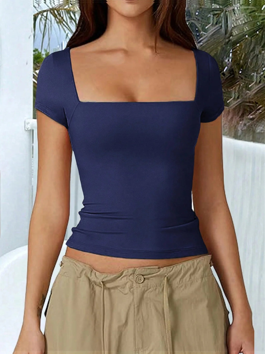 New Arrival Hot Seller 2024 Spring/Summer T-Shirt Women's Casual Square Neck Solid Color Slim-Fit Crop Top Short Sleeve