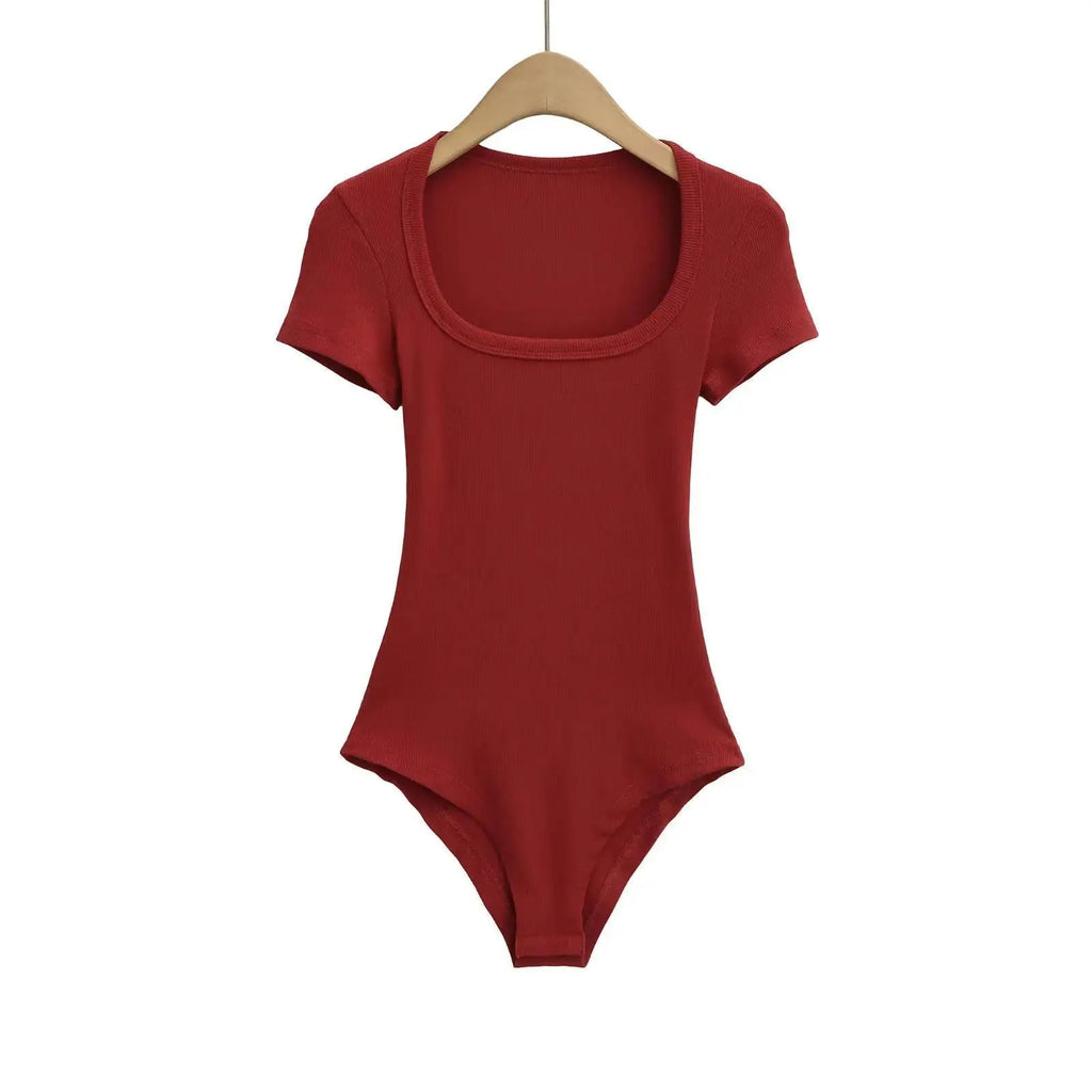 Women Short Sleeve Square Collar Bodysuits Summer Rib Knitted Elastic Slim Top Jumpsuits Solid Color