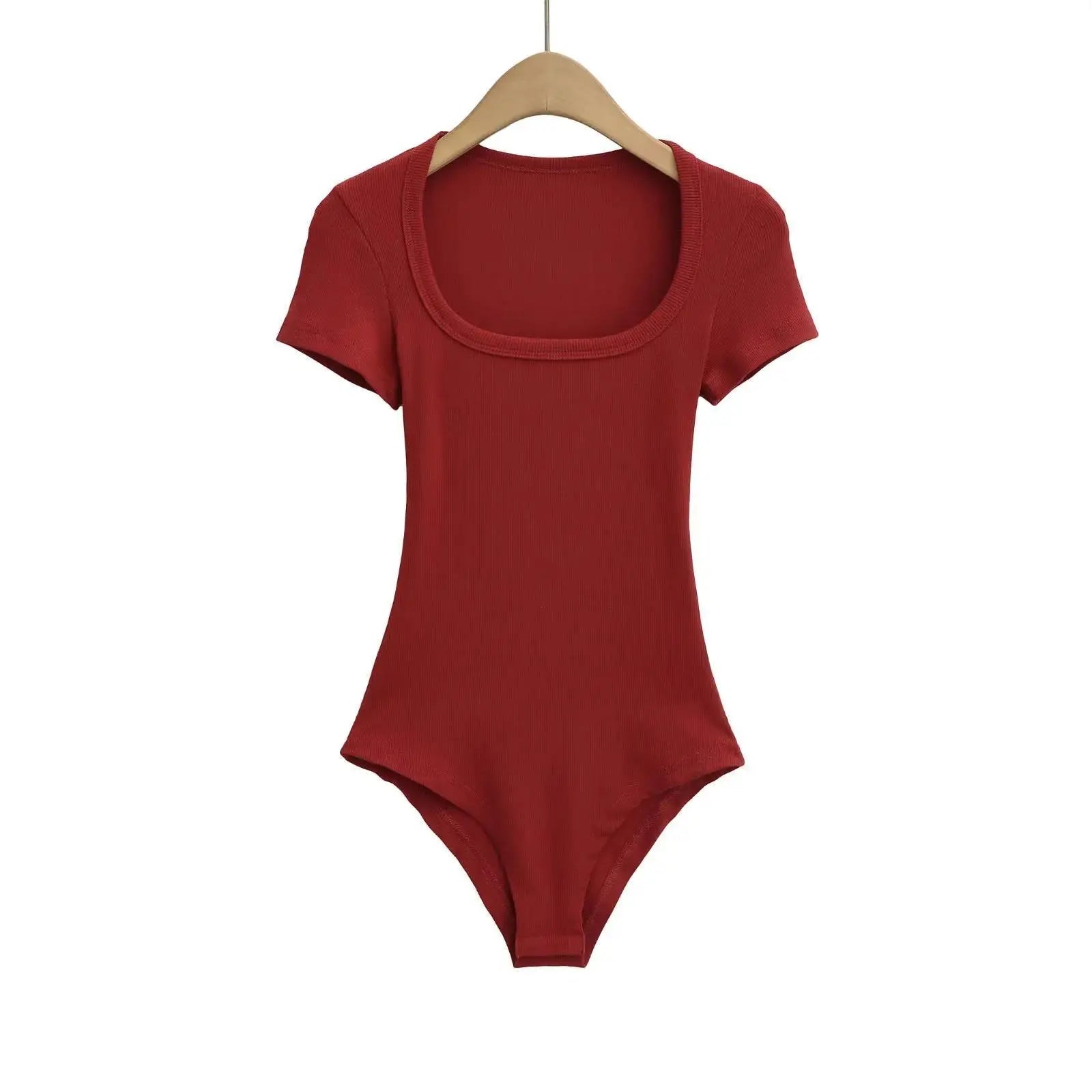 Women Short Sleeve Square Collar Bodysuits Summer Rib Knitted Elastic Slim Top Jumpsuits Solid Color