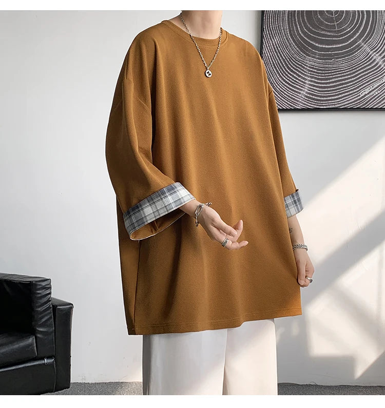 men t shirts Summer Men's T-shirts Women Oversized 2XL Korean Style Loose Plaid T-shirt Casual Seven sleeves T-Shirt Male White
