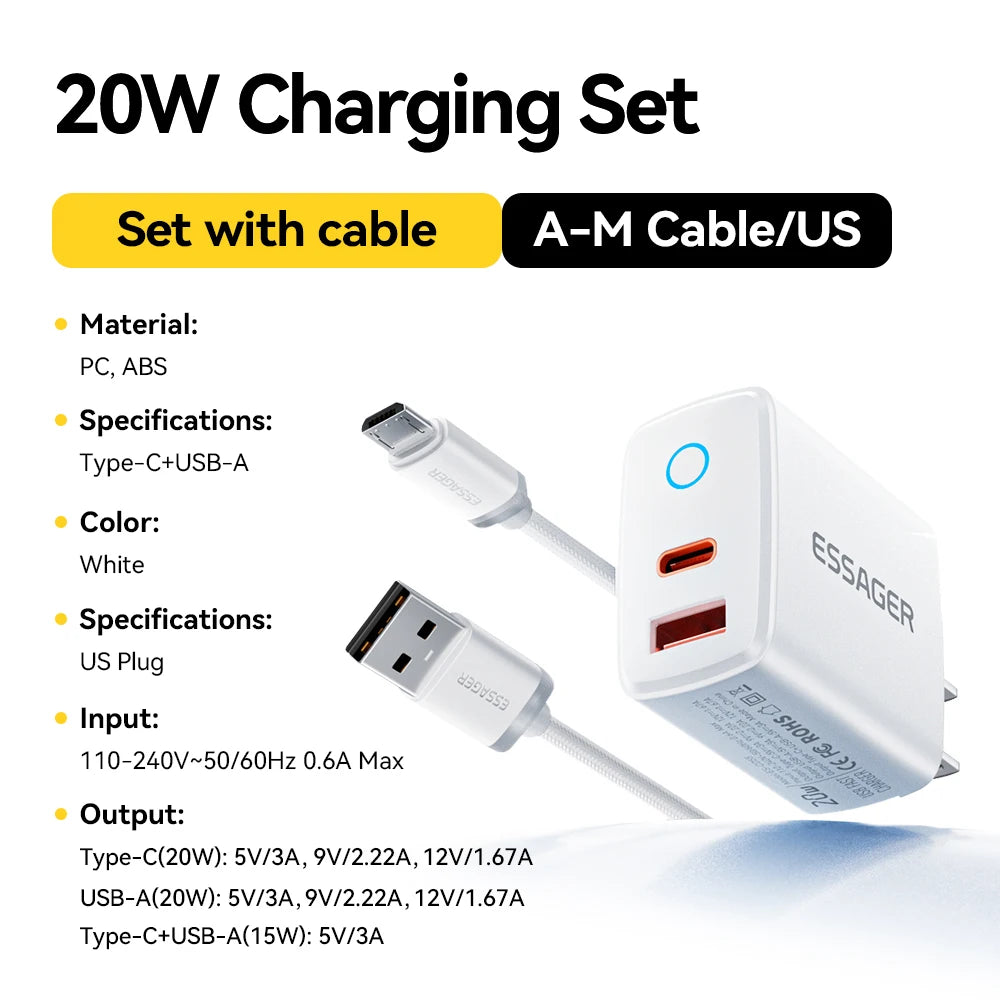 Essager 20W USB Type C Charger 3A PD Quick Charge With Type-C Lighting Micro Cable Fast Charging For iPhone 17 16 Xiaomi Huawei