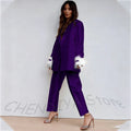 Luxury Feather Women's Suit Classic Design Double Breasted Ankle Length Elegant Outfit Two Pieces Formal Party Female Set