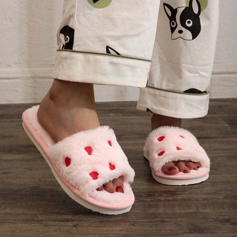 Winter Women Heart Slippers for Home Fur Furry House Slides Men Indoor Floor Soft Sandals Couples Comfortable Cute Flip Flops