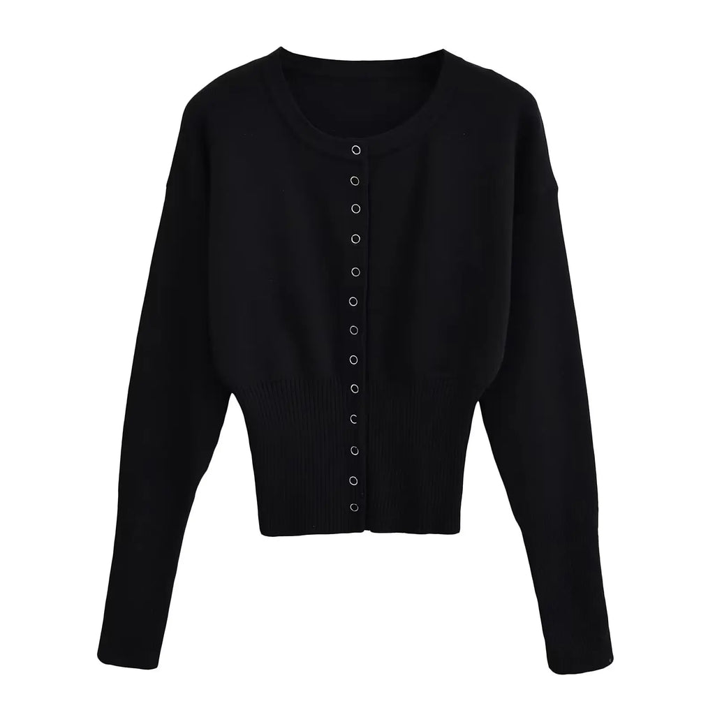 Women's Knitted Fitted Cardigan Elegant Long Sleeve Tops Sweater Knitwears Top Female Clothing 2025 Fall Black Brown White Blue