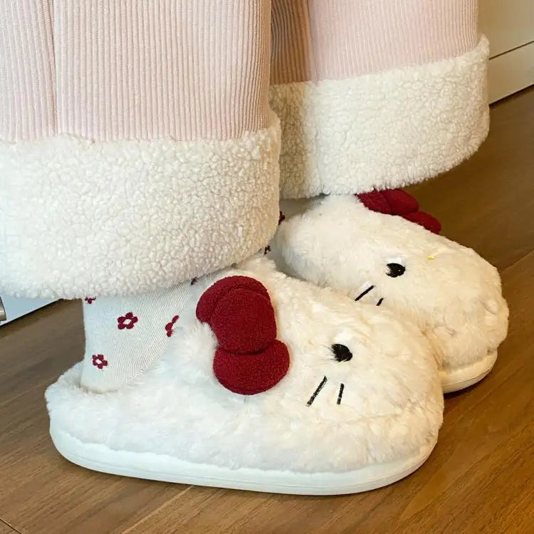 New Cartoon Hello Kitty Plush Slippers Sanrio Cute Female Anime Autumn Winter Home Plus Velvet Warm Thick Sole Baotou Slippers