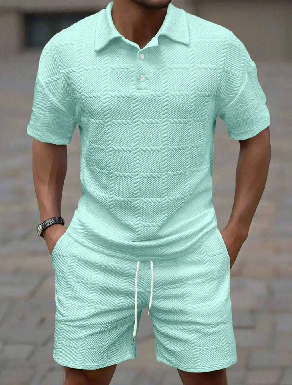 2026Summer Male Casual Two Pieces Suits Vintage Polo Neck Short Sleeve Tops And Shorts Men's Sets Fashion Plaid Textured Outfits