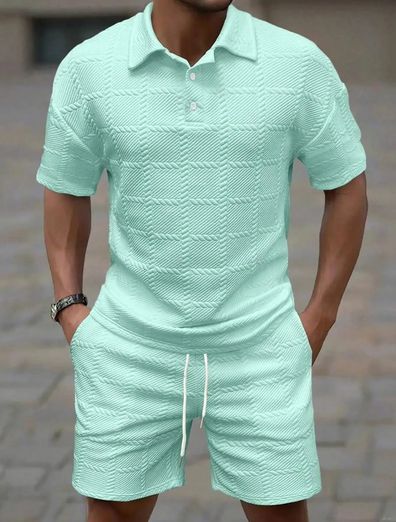 2026Summer Male Casual Two Pieces Suits Vintage Polo Neck Short Sleeve Tops And Shorts Men's Sets Fashion Plaid Textured Outfits