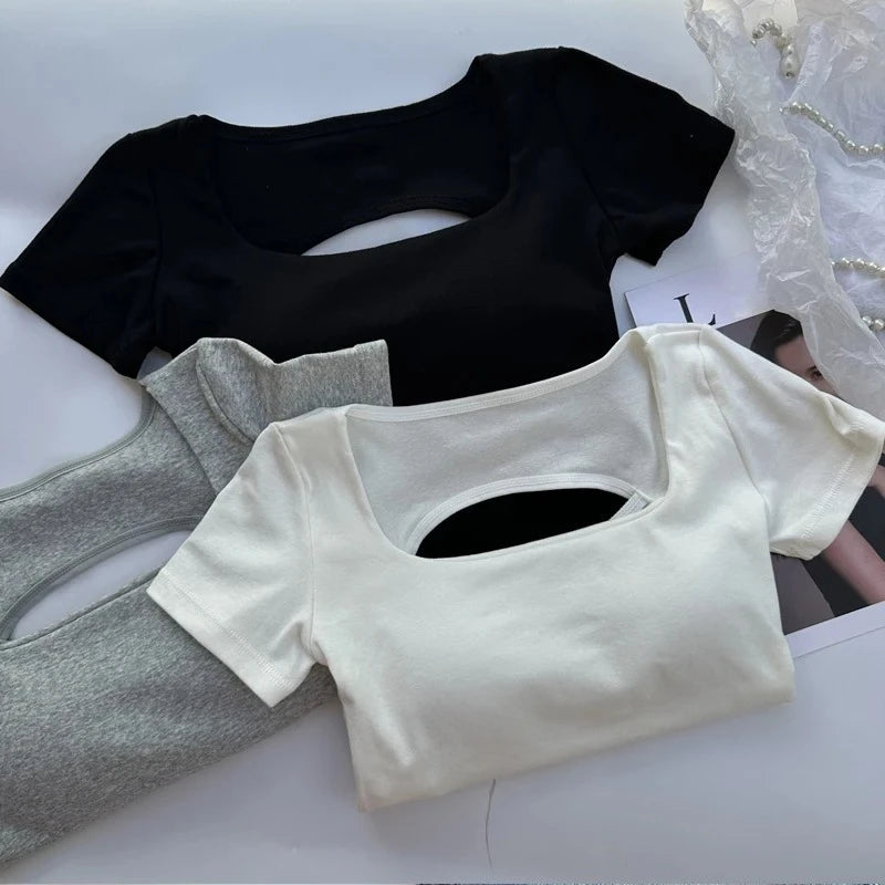 T-shirt Woman Clothing Square Neckline Tops Short Sleeve Crop Top with Bras for Women Girls Sexy Street Wear Backless Top Tees