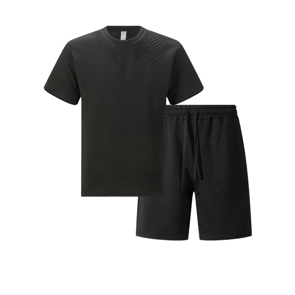 2026 Men's Summer Beige Geometric Textured 2 Piece Set Crew Neck Short Sleeve T-Shirt & Drawstring Shorts Tracksuit