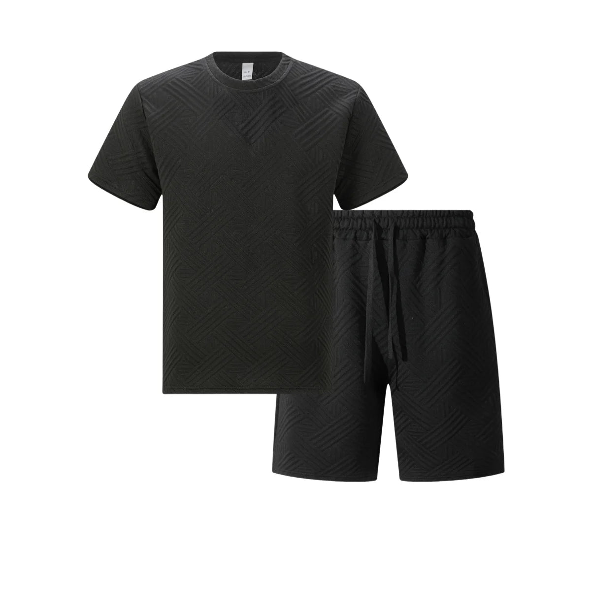 2026 Men's Summer Beige Geometric Textured 2 Piece Set Crew Neck Short Sleeve T-Shirt & Drawstring Shorts Tracksuit