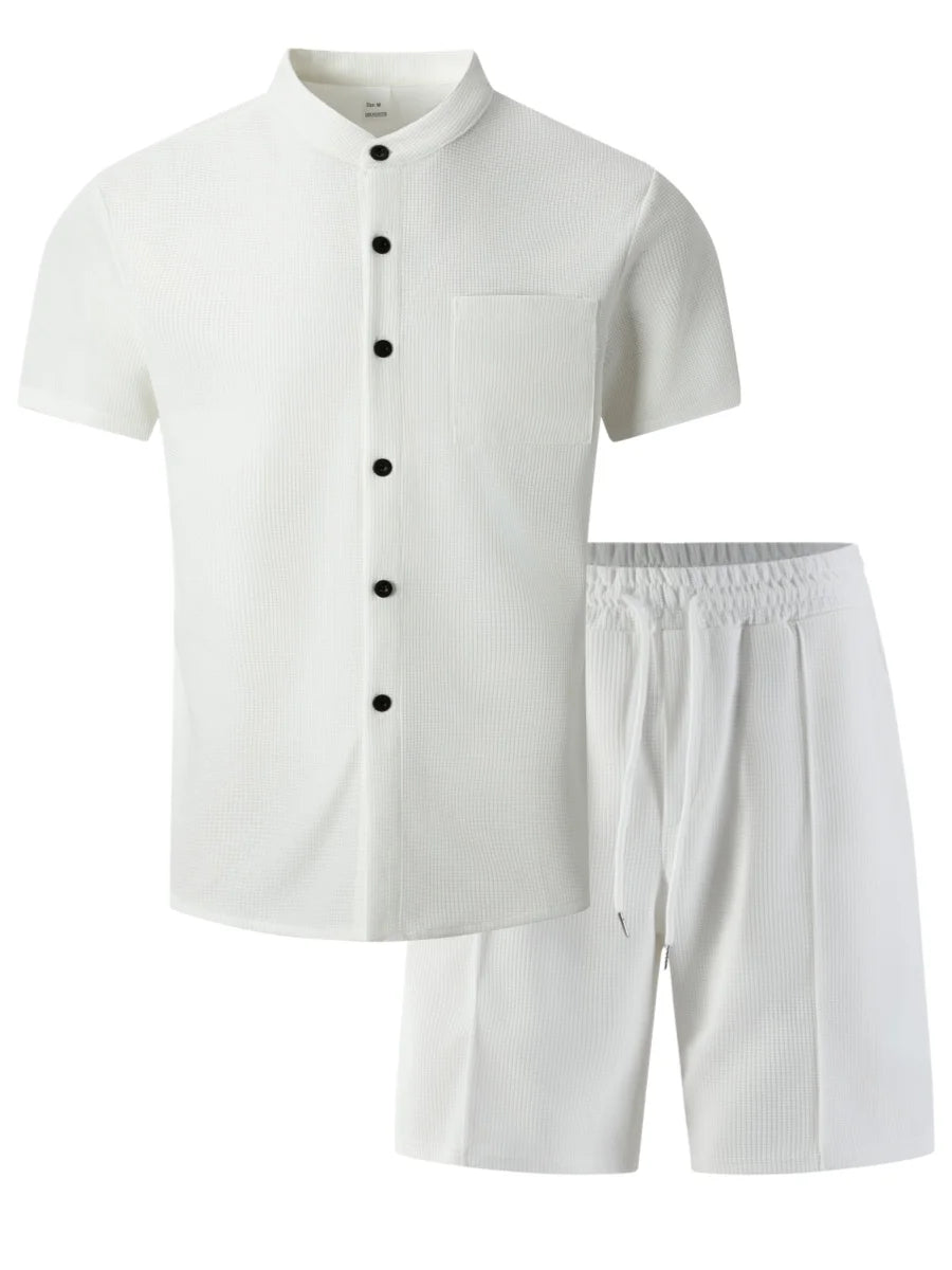 Men's 2 Piece Outfit, Stand Collar Short Sleeve Shirt with Chest Pocket and Drawstring Shorts, Casual Co Ord Set