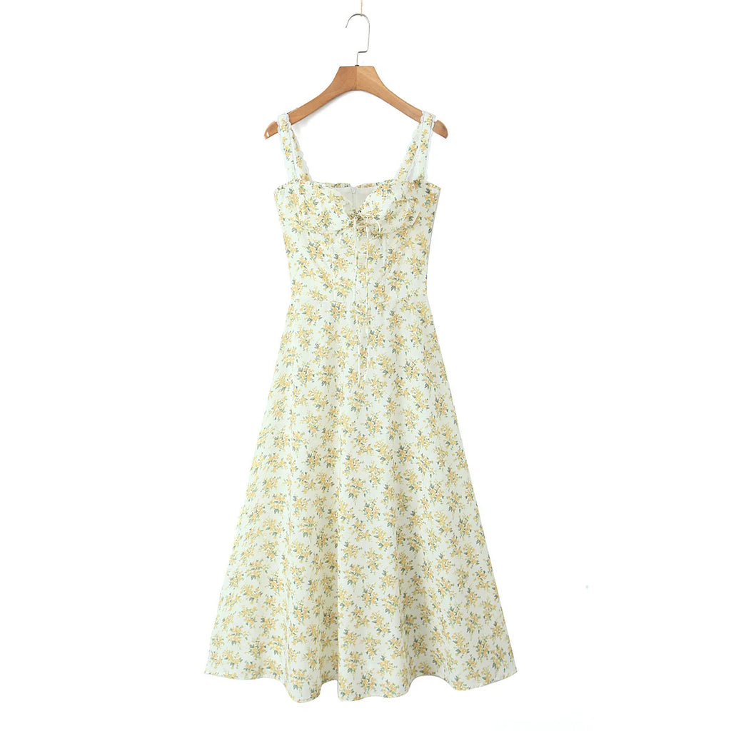 YENKYE Sexy Elegant Women Lace Patchwork Floral Print Sling Midi Dresses Holiday Summer Lady Party Vestidos Cotton Robe
