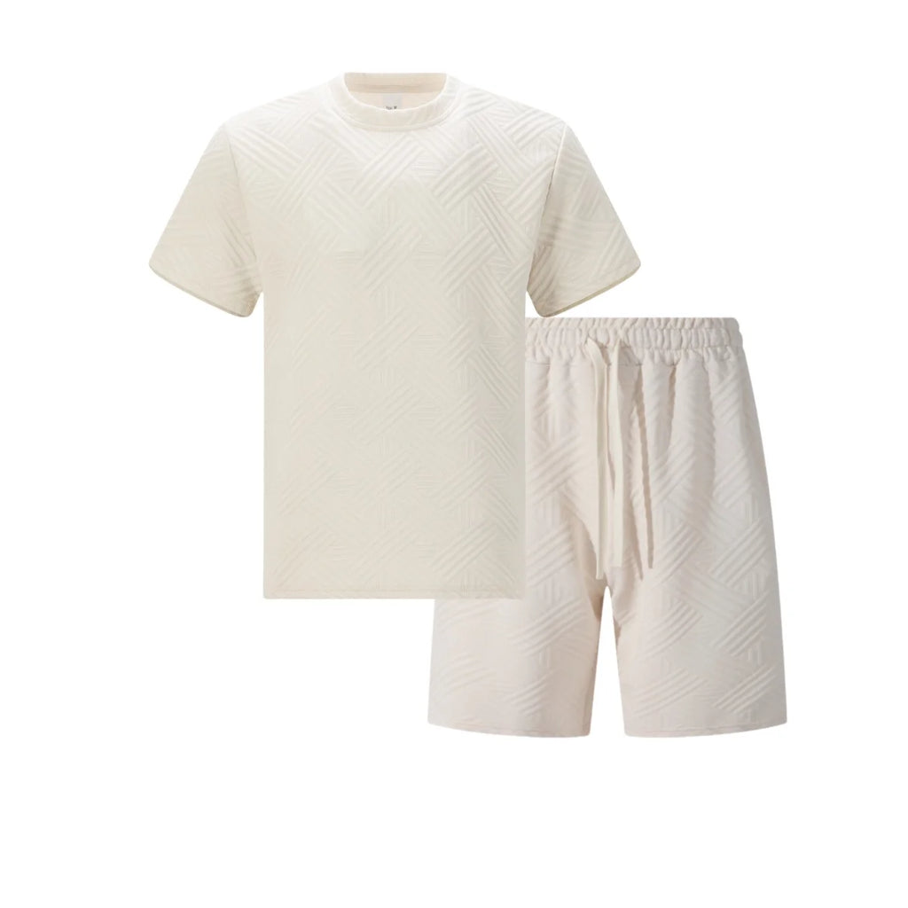 2026 Men's Summer Beige Geometric Textured 2 Piece Set Crew Neck Short Sleeve T-Shirt & Drawstring Shorts Tracksuit