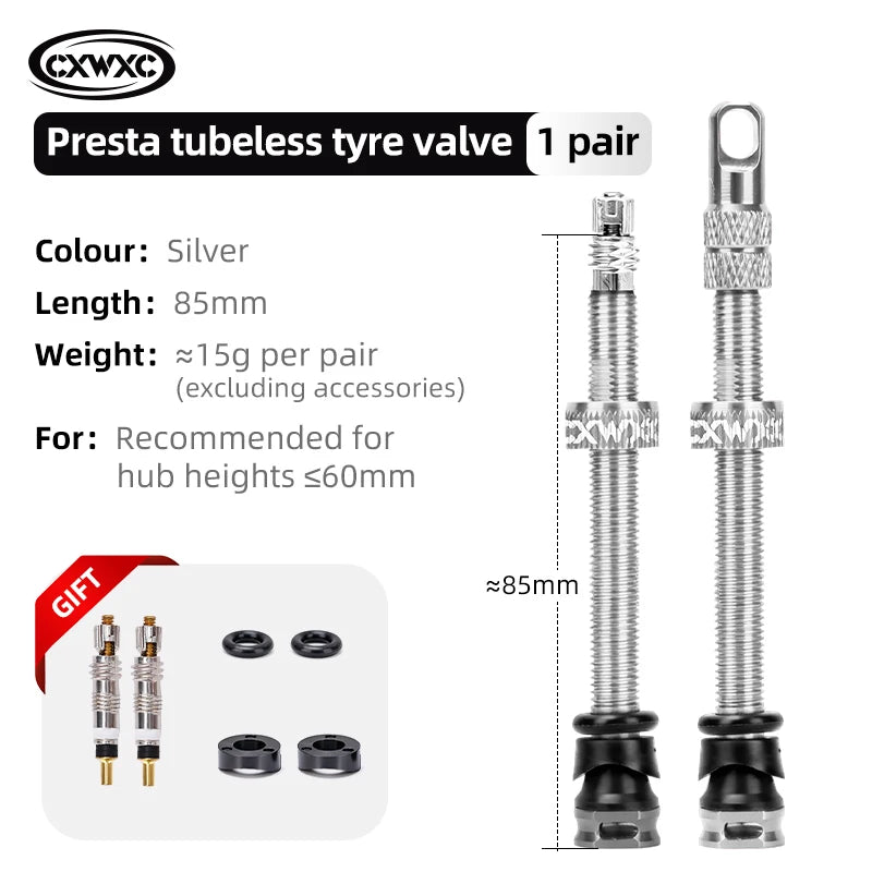 CXWXC 1Pair Bicycle Presta Valve 45/65/85mm Aluminum Alloy Valve For Tubeless Road/MTB/Gravel Bike Rim Valve Accessories