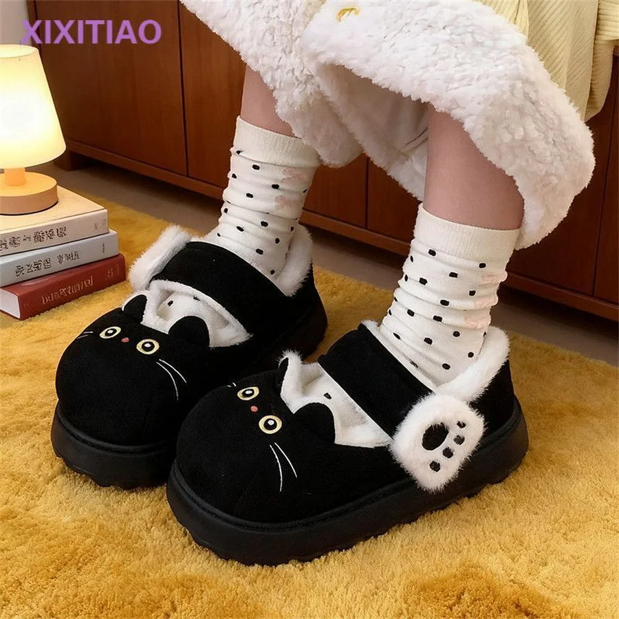 New fuzzy black cat shoes hook loop winter slippers for women indoor mary jane plush shoes mom shallow warm kitty slippers woman